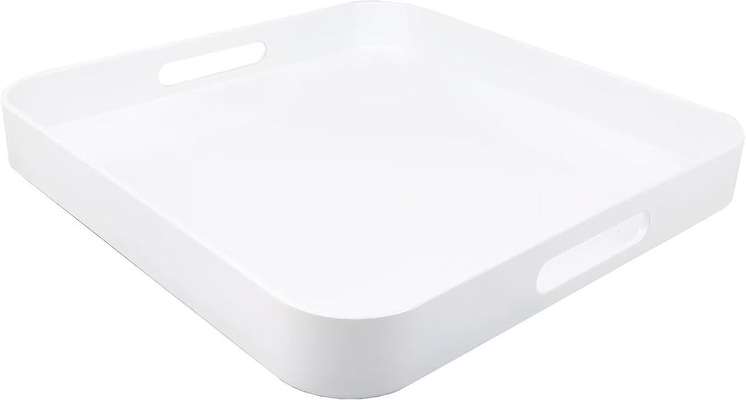 Square White Decorative Serving Tray with Handles, Versatile Ottoman Tray for Coffee Table, Entertaining, Outdoor Patio, Living Room, 13*13*1.6