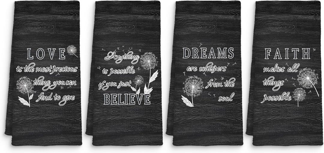 Inspirational Dandelion Kitchen Towels Set of 4, Motivational Quotes Dish Tea Towels, Rustic Believe Dreams Faith Love Decorative Hand Towels for Bathroom Kitchen, 16x24 Inches (Coal Black)