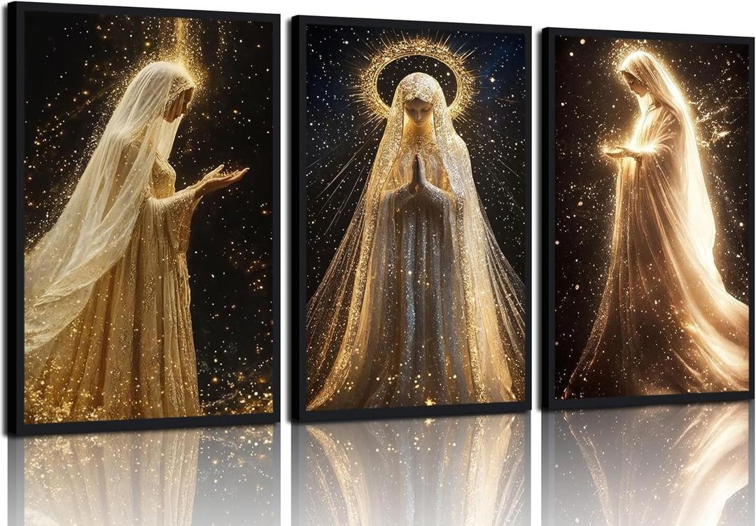 3Pcs Virgin Mary Canvas Wall Art Our Lady of Guadalupe Radiating Golden Wall Decor Pictures Black Religious Catholic Poster Prints for Church Prayer Room Christian Home Decoration 12x16in Unframed