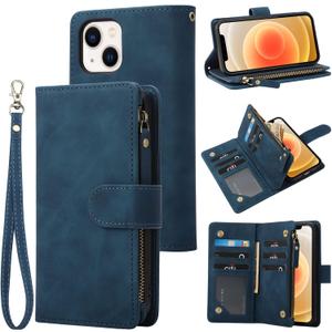 RANYOK Wallet Case Compatible with iPhone 13/14 (6.1 inch), Premium PU Leather Zipper Flip Folio Wallet RFID Blocking with Wrist Strap Magnetic Closure Built-in Kickstand Protective Case (Blue)