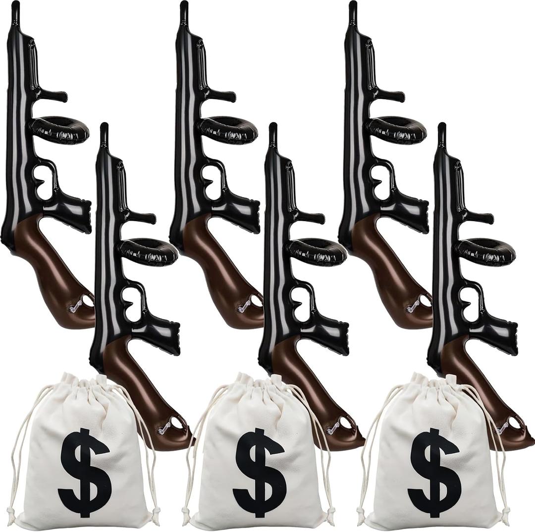 9 Pcs Inflatable Gun Props Canvas Money Pouch Set Party Decorating Money Bag with Drawstring Closure Inflatable Gun, 1920s Cosplay Theme Party Birthday Decorating Outdoor Sports Game Toy Supplies