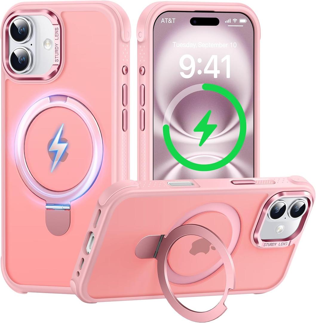 Case for iPhone 16, with Invisible Magnetic Stand, Mil-Grade Drop Protection, Non-Slip, Anti Fingerprint Anti Scratch, Shockproof Matte Phone Case (Pink)