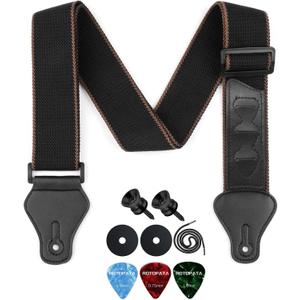 ROTOPATA Guitar Strap, Adjustable Cotton Guitar Straps with Leather Holder Ends, 2 Strap Buttons 2 Locks 3 Guitar Picks, Guitar Accessories for Bass, Electric & Acoustic Guitars