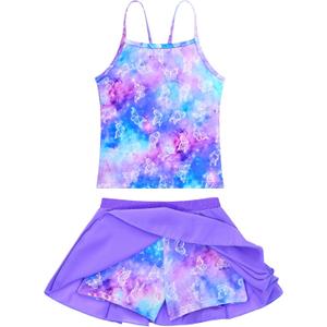 Girls Swimsuit Two Pieces Bathing Suit Multicolor Sleeveless Rash Guard Sets for Kids Child (8-9 Years, Blue Purple)