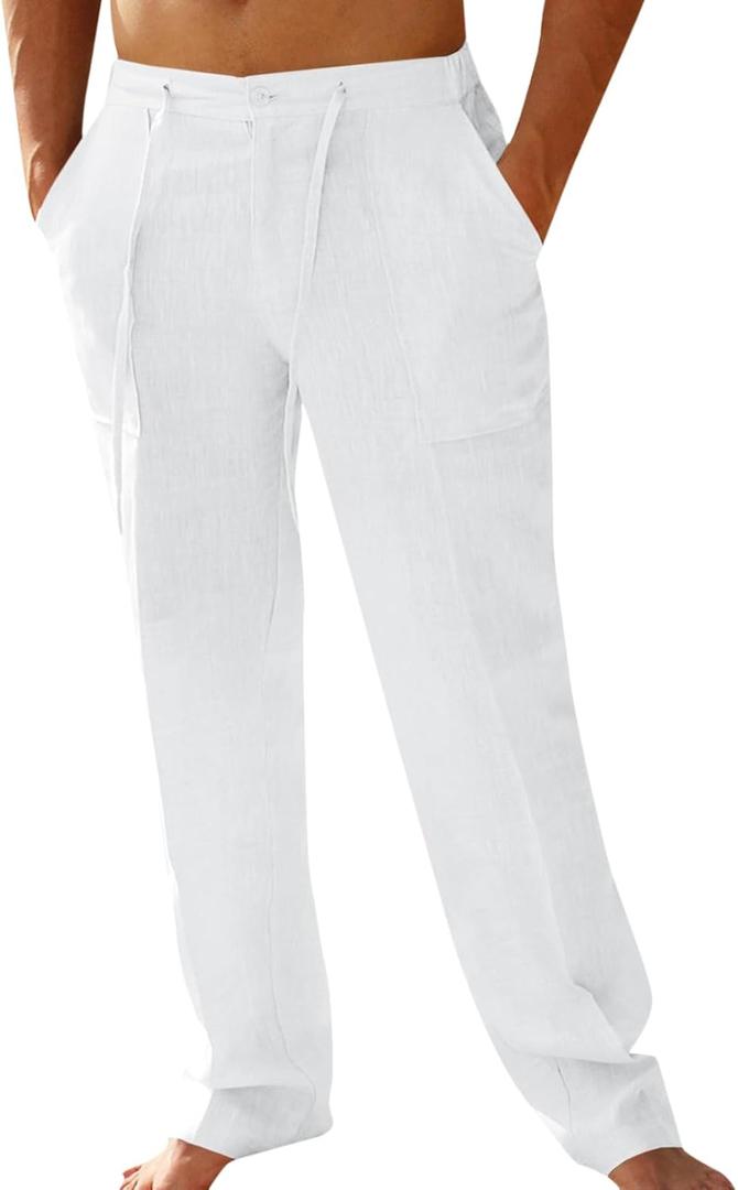 PASLTER Mens Casual Linen Pants Loose Fit Elastic Drawstring Waist Straight-Legs Summer Yoga Beach Long Pants (XX-Large)