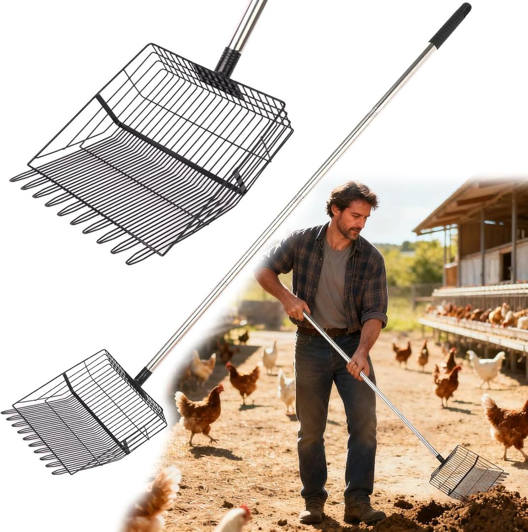 Reptilux Heavy Duty Chicken Poop Scooper Adjustable Long Handle - Stainless Steel Sifter Shovel for Sand & Hemp Bedding - Metal Coop Scoop Rake - Chicken Accessories for Poultry, Dog & Cat Litter