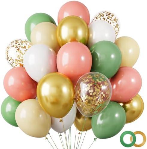 RUBFAC 80Pcs 12 Inches Retro Green Balloons, Sage Green White Gold Confetti Balloons Olive Green Dusty Metallic Gold Latex Balloons Set for Birthday Baby Shower Wedding Party Decoration