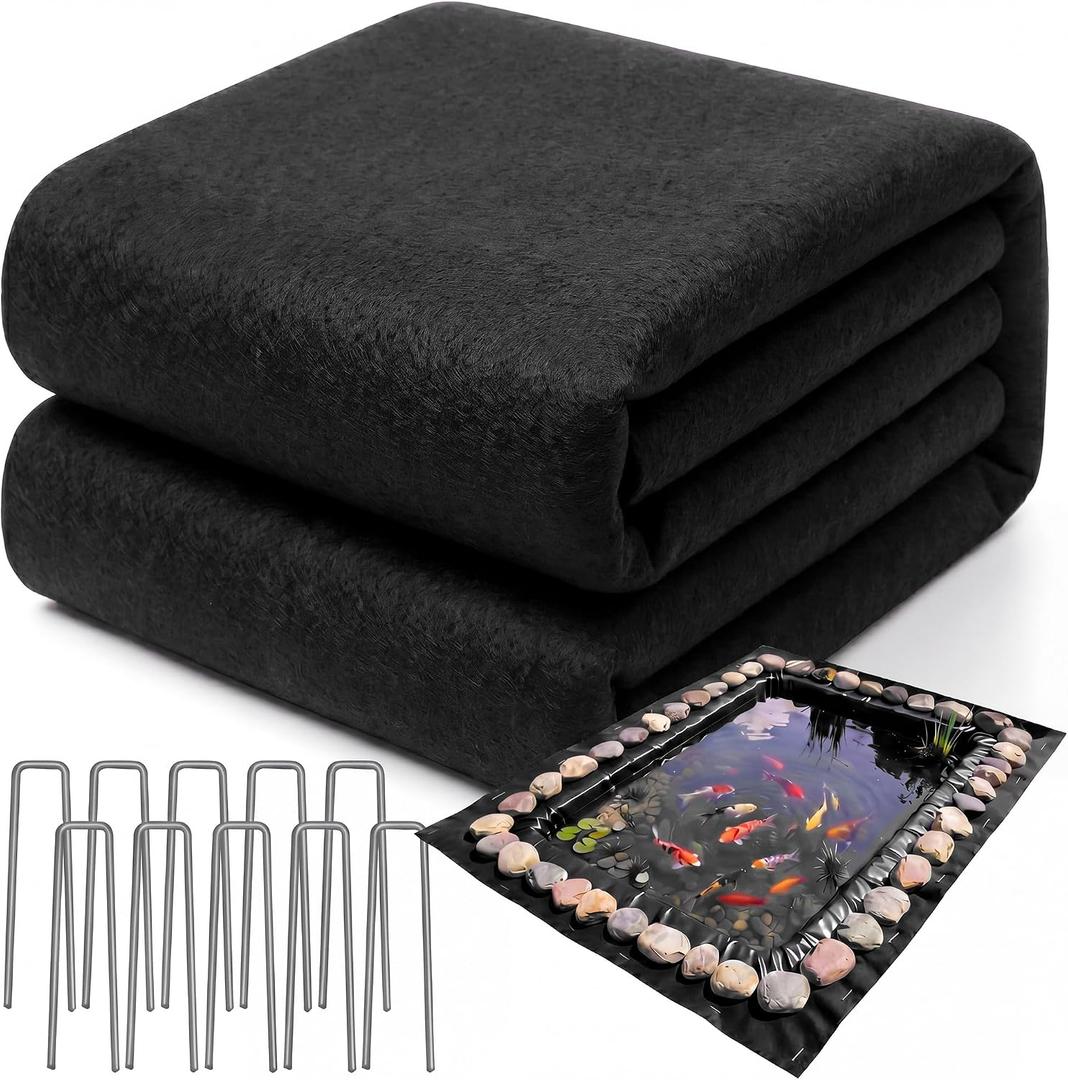 Fanfanwin 15 x 15 ft Pond Liner Underlayment 6oz Heavy Duty Black Non Woven Geotextile Underlayment Fabric with 10 U-pins for Outdoor Pond Streams Fountains Garden Waterfalls Fishpond Weed Barrier