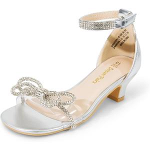 DREAM PAIRS Girls Sandals Ankle Strap Square Toe Low Heel Bow Flower Dress Shoes (2 Little Kid, Silver)