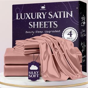 SLEEP SANCTUARY Satin Sheets Queen Size  4 Piece Luxury Silky Bed Set, Softer Than Silk, 15" Deep Pocket, Cooling & Wrinkle-Free, Moisture-Wicking & Breathable for Hair & Skin (Blush Pink)