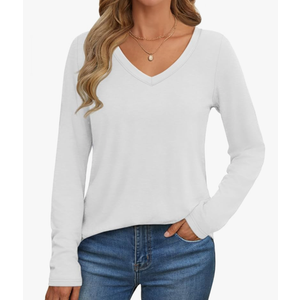 ATHMILE Womens 2025 Fall Long Sleeve Shirts Basic Apparel Shirts Trendy V Neck Tshirt for Women Curved Hem Tops, M