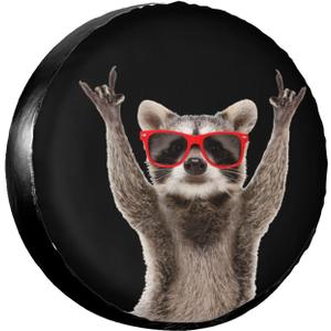 Spare Tire Cover Funny Raccoon in Red Sunglasses Wheel Tire Covers Waterproof Dust-Proof Wheel Tire Protector Weatherproof Tyre Covers Universal for Trailer RV SUV Truck Truck Off-Road Travel 15 Inch