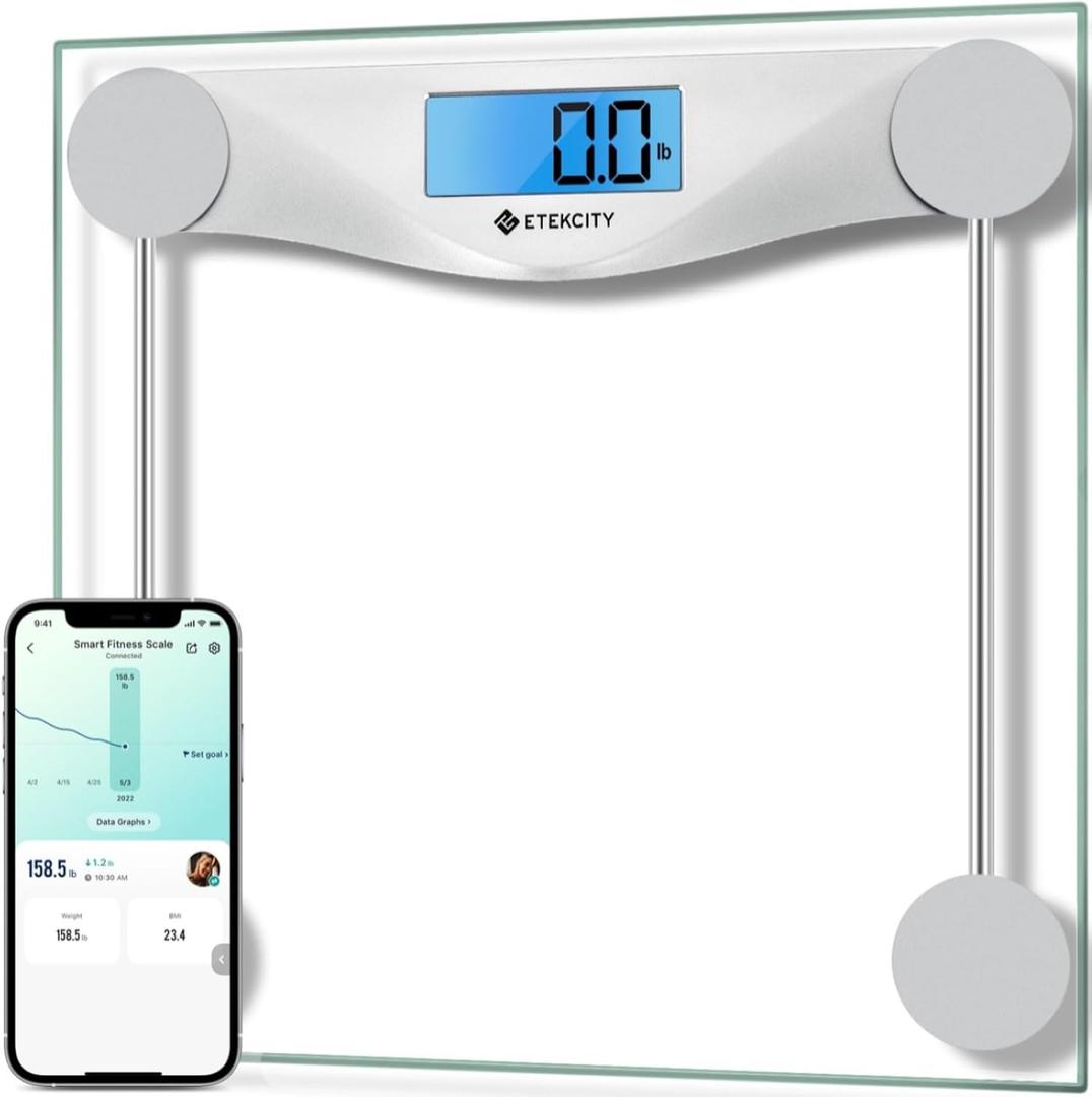 Etekcity Bathroom Scale for Body Weight and BMI, Upgraded Bluetooth Digital Scale, Large Blue LCD Backlight Display, High Precision Measurements, 400 Pounds (11.9 x 11.9 inches, Satin Silver)