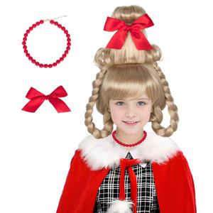 Miss U Hair Christmas Long Blonde Braided Funny Wig with Red Necklace and Ribbon Bow for Small Head