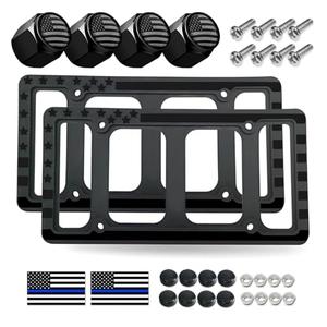 Silicone American Flag License Plate Frames- Rustproof Patriotic Gloss USA Stars and Stripes Flag Black Car Tag Holder Cover, 2 Pack for Front and Rear, with Mount Screws Caps, Automotive Accessories