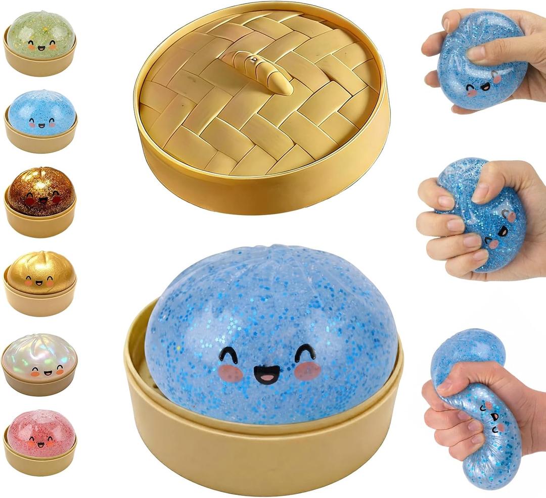 Glitter Dumpling, Mystery Glitter Dumpling Box, Colorful Dumpling Stress Balls Fidget with Steamer Box, Soft Squeeze Decompression Dough Gift (Blue)