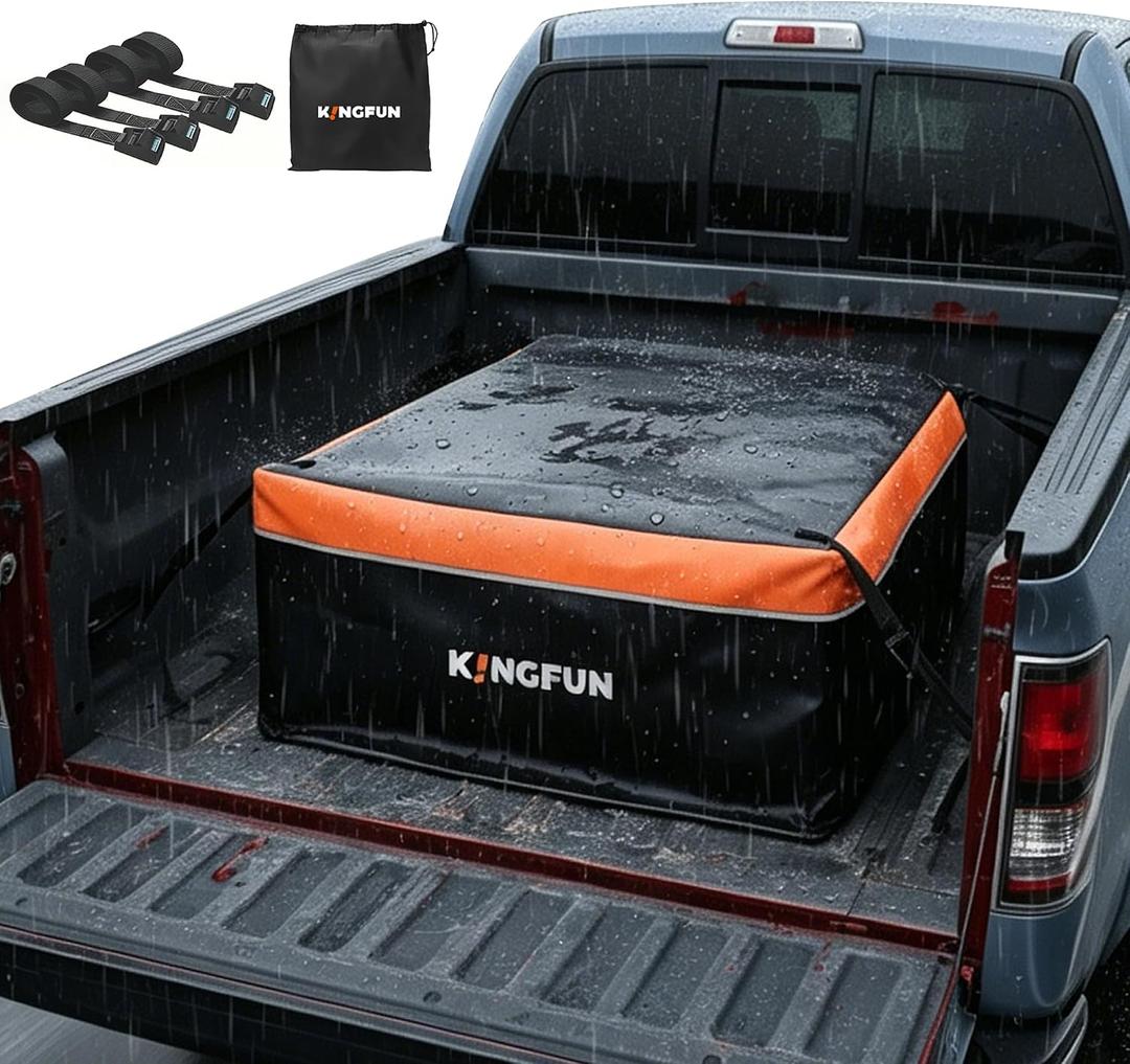 Kingfun Truck Bed Cargo Bag, 26 Cu Ft Waterproof Cargo Carrier | Heavy-Duty PVC Storage with 4 Cam Buckles & Reflective Trim, Fits Any Pickup for Camping, Travel, Moving & Hauling