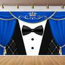 CapiSco Tuxedo Backdrop 10x6.5FT Blue Curtain Crown Gentleman Birthday Party Background for Photography, Father or Boss Birthday Party Decorations Banner