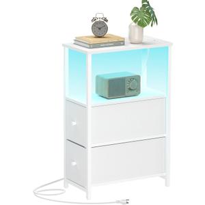 TUTOTAK Small Narrow LED End Table with Charging Station, Side Table Outlets, Nightstand with 2 Cloth Drawers, Couch Table, for Living Room, Bedroom, Bedside, White TB01BW085L