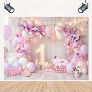 Girl 1st Birthday Backdrop 8Wx6H Feet for Purple Pink Princess Balloons Lights Butterfly First Bday Photography Background Decorations Photo Booth Studio Prop Fabric