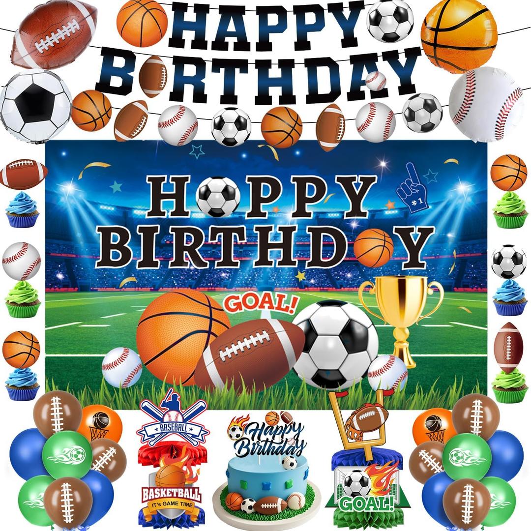 Sports Birthday Party Decorations Includes Banner, Backdrop, Foil & Latex Balloons, Cake & Cupcake Toppers, Honeycomb Centerpieces for Boy Sports Themed Party Decorations
