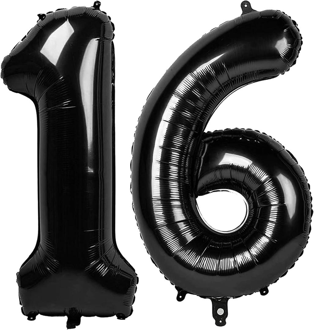 Black Number 16 Balloon 40 inch, 16 Number Balloons, 16th Black Birthday Decorations, 16 Year Old Girls Boys Party Supplies