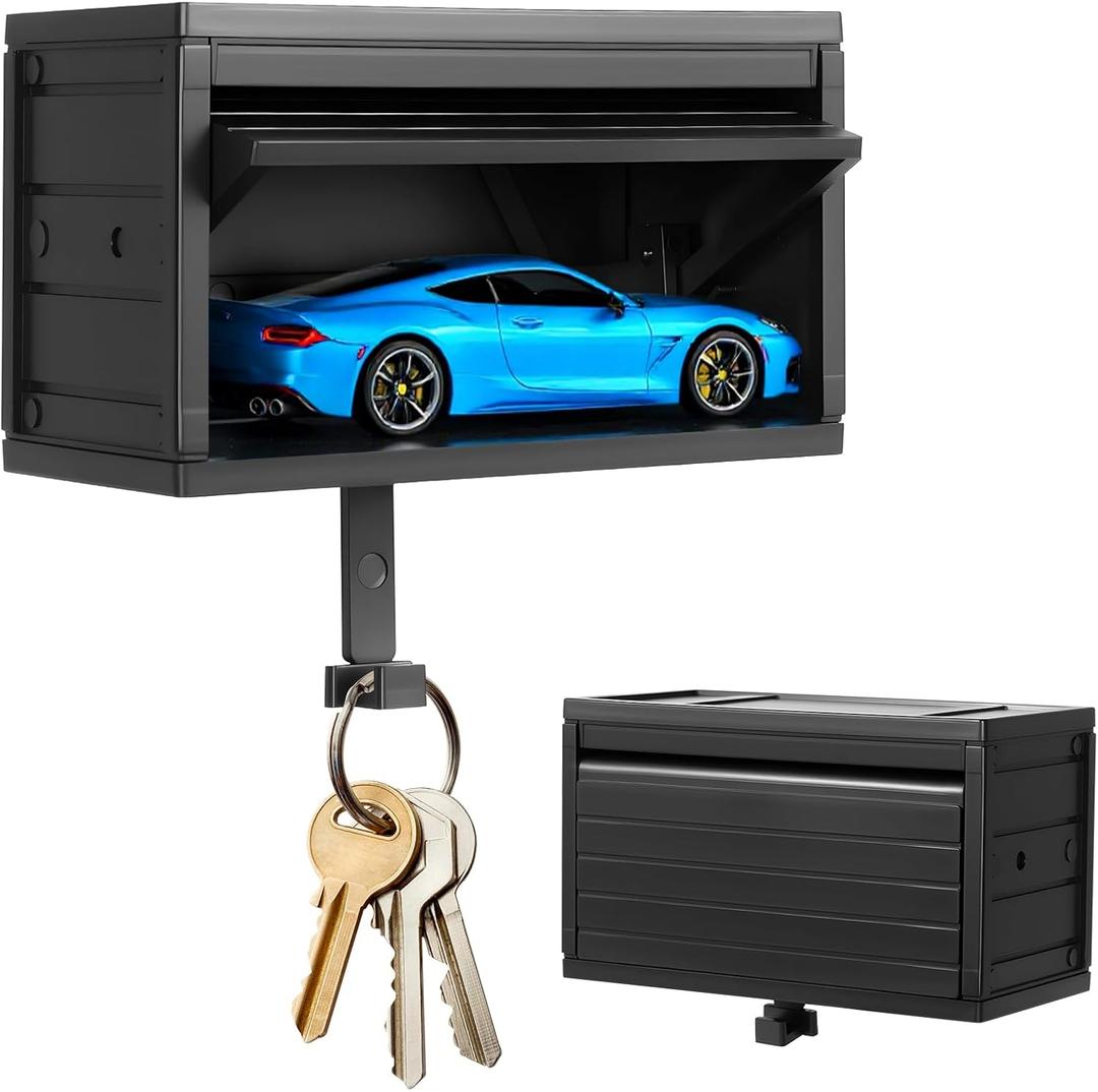 Car Garage Key Holder, Car Key Holder for Wall, Small Cars Garage Key Holders with Opening Door (Black)