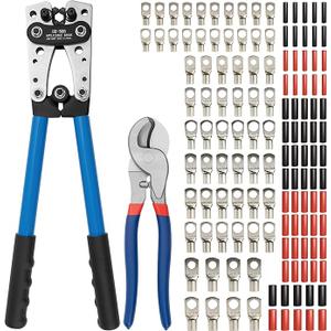 Battery Cable Lug Crimping Tool Kit for AWG 10-1/0 Electrical Lug Crimper with 64pcs Ring Terminals and 110pcs Heat Shrink Tubing