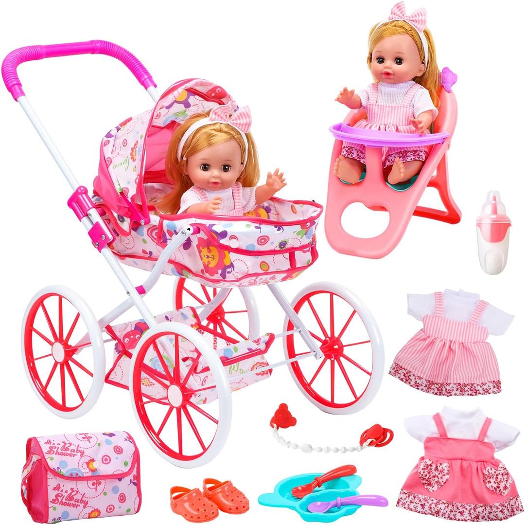 CUTE STONE Baby Doll Playset with Stroller for Girls  Pretend Play Baby Care Toy with High Chair, Clothes & Accessories