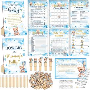426 Pcs Blue Theme Bear Baby Shower Decorations Games Set-8 Games Includes Bearly Wait Baby Shower Decorations Bingo Prediction and Advice How Big is Mommy's Belly Don't Say The Words