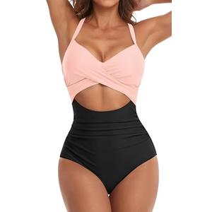 Eomenie Women's One Piece Swimsuits Tummy Control Cutout High Waisted Bathing Suit Wrap Tie Back 1 Piece Swimsuit Black Pink, Size S