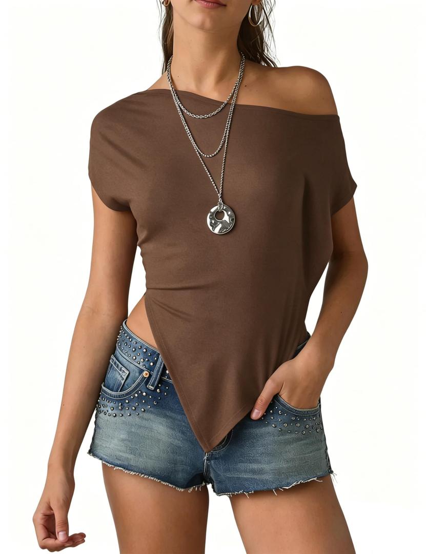 Bell Princess Womens Off Shoulder Tops Asymmetrical Short Sleeve Crop Top Knit Sexy Y2K Summer Cute Slim Fit Shirts(0305-Brown-XS) (Brown, XS)