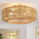 Rattan Ceiling Fans with Light and Remote, Boho Fandelier Ceiling Fan with Light Flush Mount Woven Farmhouse Caged Ceiling Fan for Bedroom Living Room Kitchen(Enclosed 6 Speeds), Medium
