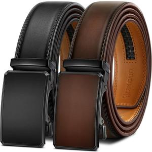 KEMISANT Men Belt 2 Pack, Leather Ratchet Belt Easy Click Slide For Men 1 3/8",Cut for Fit(Black/Deep Brown, 42"-48" Waist Adjustable)