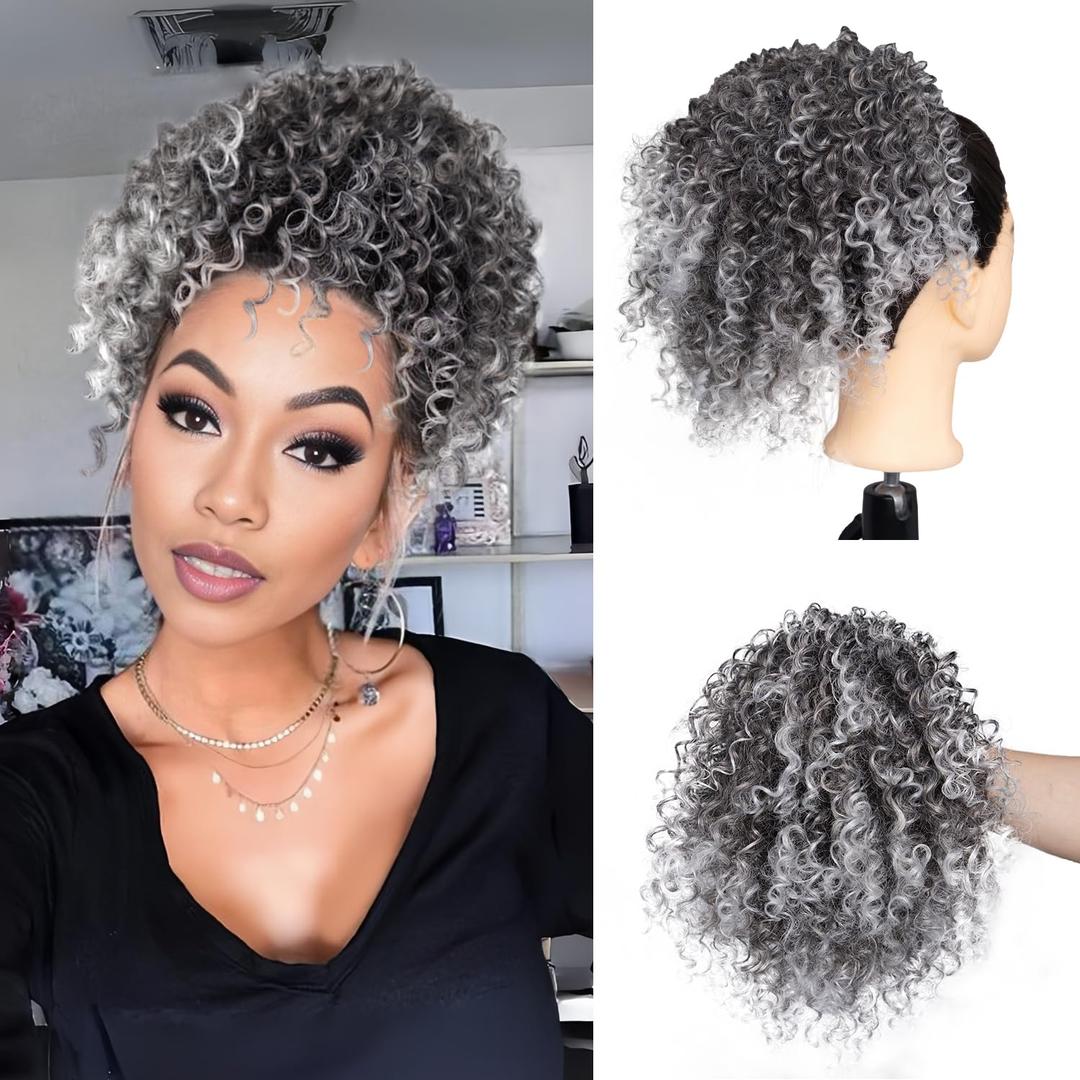 Short Kinky Curly Grey Drawstring Ponytails Extension for Black Women Curly Ombre Gray Ponytail Drawstring Extension Synthetic Gray Messy Bun Grey Hair Piece Salt and Pepper 10Inch T1B/GRAY