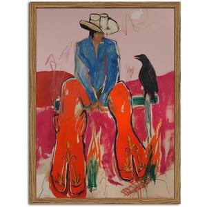 Abstract Western Cowboy Wall Art Colorful Cowboy with Raven Wall Decor Modern Southwestern Poster Canvas Print Picture for Living Room Bedroom 24x16 inch Wood Framed