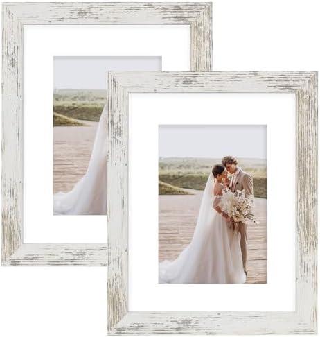 Hongkee 8x10 Picture Frame Set of 2, Made of Real Glass and Distressed White Wooden Frame - Display Picture 5x7 with Mat or 8x10 Without Mat, 8 by 10 Photo for Wall or Tabletop