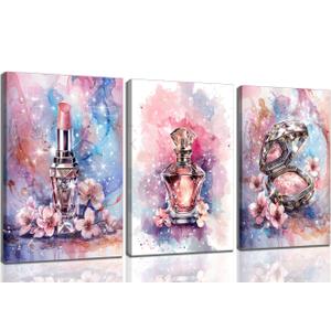 3Pcs Tween Teen Girls Bedroom Wall Art Youth Makeup Room Canvas Posters Pink Trendy Beauty Pictures Wall Decor Perfume Lipstick Cosmetics Prints Painting for Mature Girl Dorm Framed 16x24"