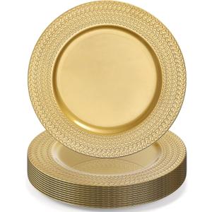 SOUJOY 12 Pack Plastic Gold Charger Plates, 13 Inch Dinner Plate, Leaf Trim Antique Charger Plate for Weddings, Parties, Anniversary, Thanksgiving, Christmas