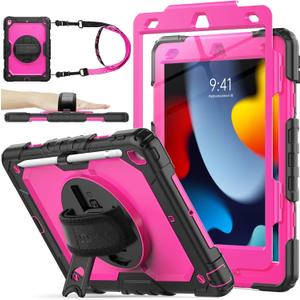 SEYMAC stock Case for iPad 9th/ 8th/ 7th Generation 10.2'', Shockproof with Screen Protector, Pencil Holder [360 Rotating Hand Strap] & Stand, for iPad 10.2 inch 2021-2019 (Rose+Black)