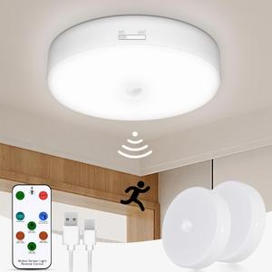 TOOWELL Battery Ceiling Light Motion Sensor with Remote, Rechargeable Motion Sensor Ceiling Lights Battery Operated Closet Light for Closet Bathroom Laundry Stairs Garage Porch Shed - 2 Pack