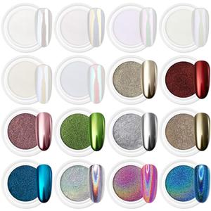 Artdone 16Jars Chrome Nail Powder Magic White Pearl Kit Mirror Effect Silver Metallic Holographic Dip Nail Powder for Resin Craft & Nail Art Fimo, Decoration Iridescent Aurora Mermaid Pigment