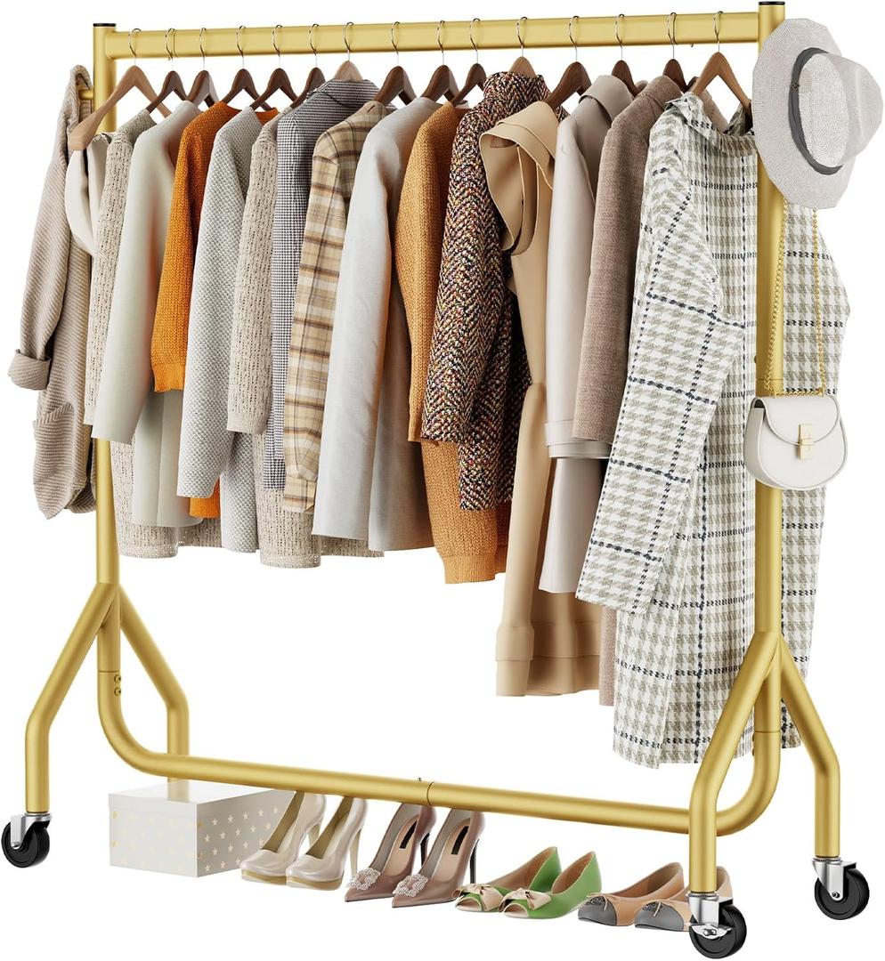 Clothes Clothing Rack, Rolling Heavy Duty Clothes Rack Load 420 LBS With Wheels, Metal Clothes Rack for Hanging Clothes, Portable Standing Clothes Garment Rack, Gold, 48 inches