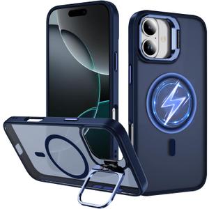 ADDIT Magnetic Phone Case for iPhone 16 - Military-Grade Translucent Matte Back with Built-in Camera Stash Stand - Royal Blue