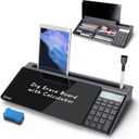 SELEAD Desktop Glass Whiteboard with Calculator, Organizer, Markers, Eraser, Holder - Black Dry Erase White Board Computer Pad Keyboard Stand for Home, School, Office Desk Cubicle Accessories