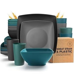 Teivio 32-piece Plastic Wheat Straw Square Dinnerware Set for 8, Unbreakable Dinner Plates, Salad Plates, Snack Bowls, Tumblers 20 oz, Dishwasher Safe, Coastal Multicolor