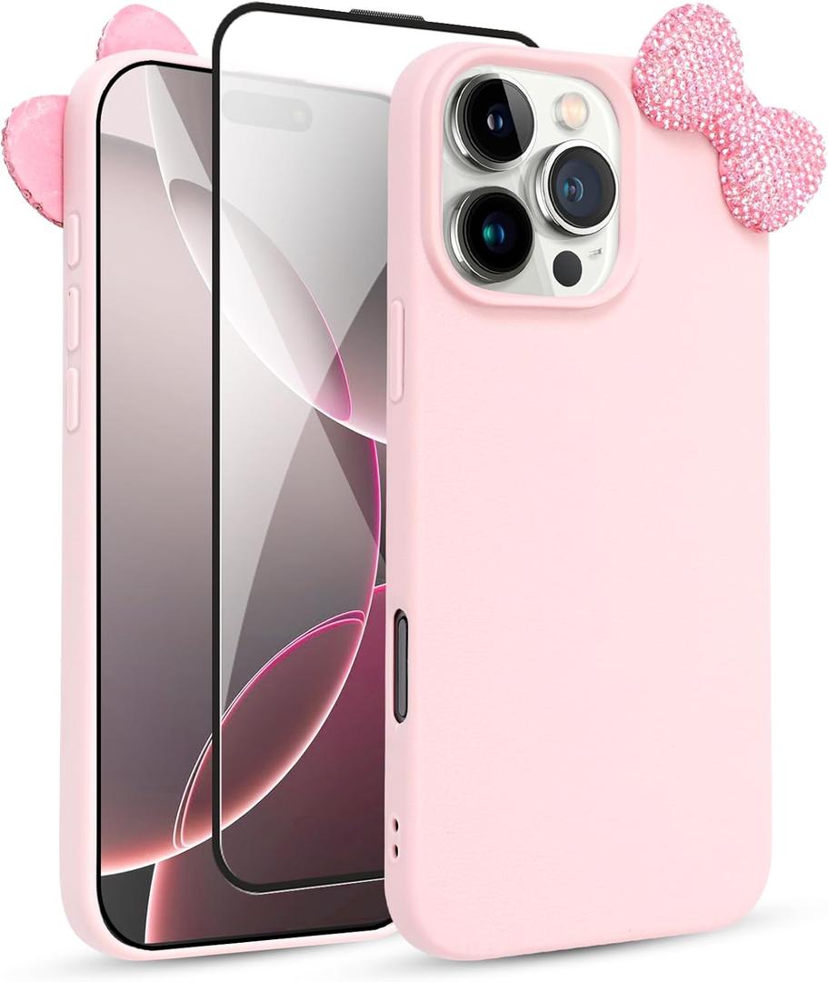 Cute Case for iPhone 15 Pro 6.1" with HD Screen Protector, Pink Glitter Rhinestone Bow Phone Cases, Soft Silicone Shockproof Protective Phone Cover for Women Girls & Girls Kids