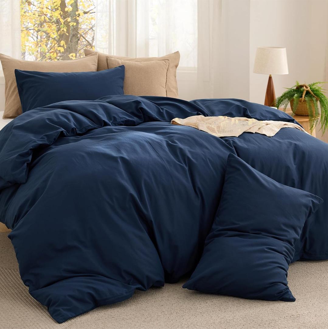 Bedsure Comforter Set King Size - Cotton Fabric with Microfiber Inner Fill, Navy Soft Bed Set for All Seasons, 3 Pieces, 1 Comforter (104" x 90") and 2 Pillow Cases (20" x 36")