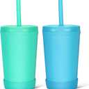 Homestockplus 10 Oz Wheat Straw Reusable Cups with Lids & Silicone Straws | Anti-slip Kids & Family Safe Drinking Cup for Milk, Juice, Smoothies | Dishwasher Microwave Safe -Easy Clean For Daily use (Blue & Green)