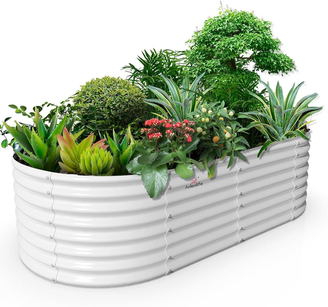 A ANLEOLIFE 8x4x2ft Galvanized Raised Garden Bed Kit, Oval Metal Deep Root Planters for Outdoor Plants Vegetables Flowers Herb, Large Bottomless, 478 Gallon Capacity- Antique White (96x48x24'' Tall, Antique White-oval Round)